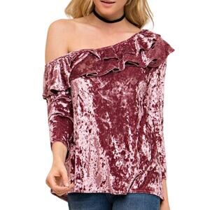 Entro Pink Velvet Top Ruffled One Shoulder Blouse Medium Whimsygoth Coquette